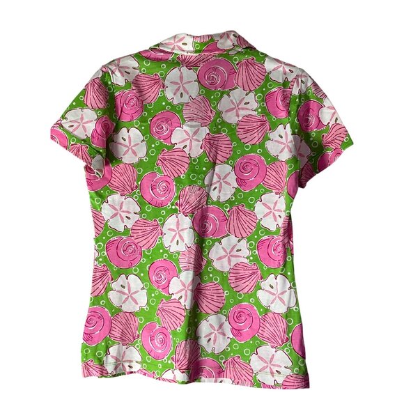 Lilly Pulitzer Women's Small Sea Shell Polo Style Shirt Green/Pinks/White - Picture 4 of 5